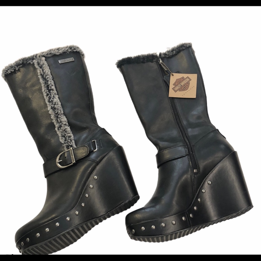 NWT HARLEY-DAVIDSON Leather Fur Lined Wedge Boots